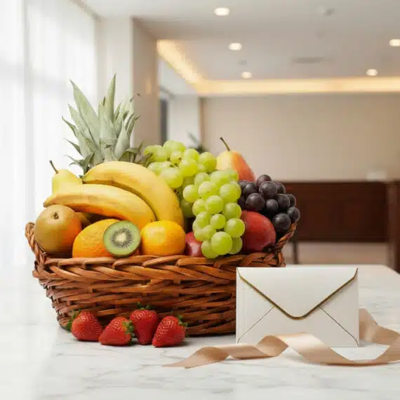 Canasta de mimbre llena de frutas frescas como piña, plátanos, uvas verdes y rojas, peras, manzanas, naranjas, kiwi y fresas,