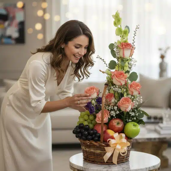 Mujer elegante admirando una canasta gourmet con rosas frescas, uvas, manzanas y un lazo dorado en un hogar de lujo.