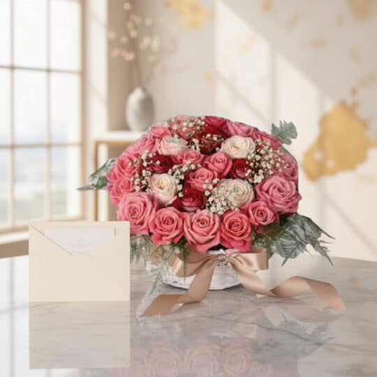 Cesta de Rosas Felicia con 21 flores bicolor rosas y rojas, sobre mármol, con tarjeta de regalo y cinta satinada. Ideal para