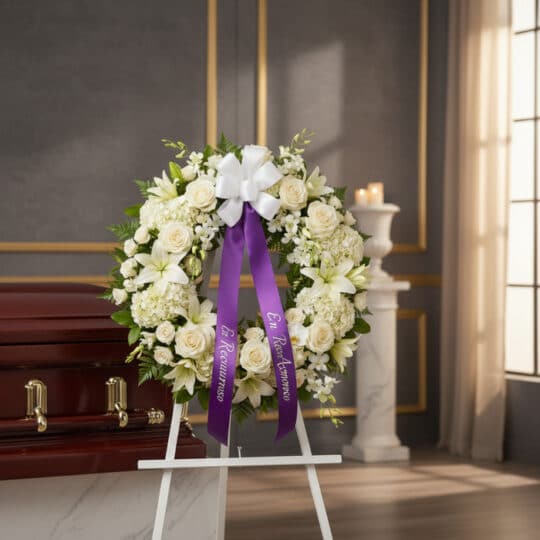 Corona fúnebre Almudena con flores blancas, cinta morada 'En Recuerdo Amoroso', junto a un ataúd en sala de velación premium.