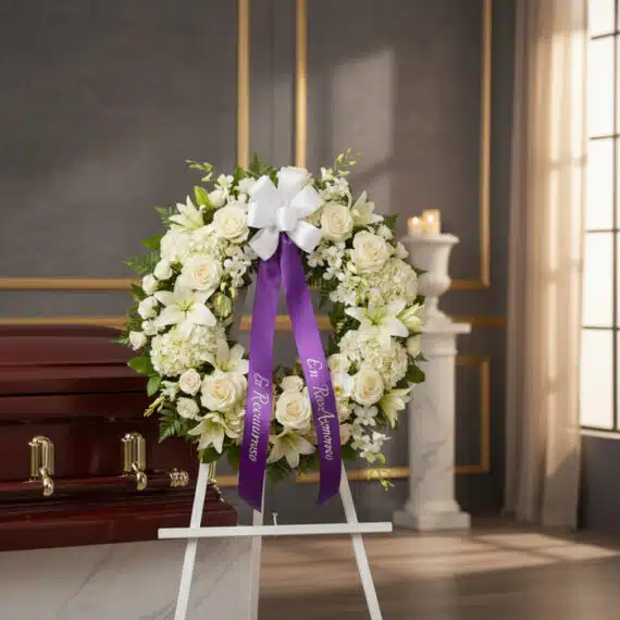 Corona fúnebre Almudena con flores blancas, cinta morada 'En Recuerdo Amoroso', junto a un ataúd en sala de velación premium.