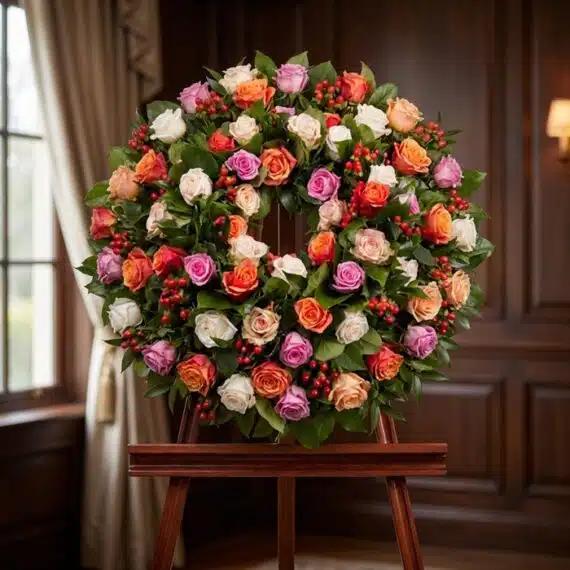 Corona Fúnebre Atalia: Elegancia y Respeto en Rosas Blancas Corona fúnebre Atalia con rosas blancas, naranjas y moradas, bayas rojas, sobre caballete de madera en sala de velación premi