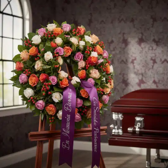 Corona fúnebre Atalia con rosas blancas, naranjas y rosadas, con cinta morada 'En Memoria Eterna' junto a un ataúd en sala de