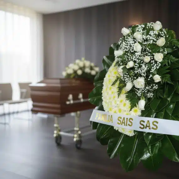 Corona fúnebre Descansa en Paz con rosas blancas y follaje verde, cinta personalizada, en sala de velación moderna con ataúd