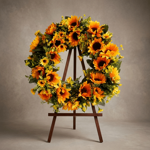 Corona Fúnebre de Girasoles: Homenaje Perpetuo Abraham para un Último Adiós Corona fúnebre de girasoles vibrantes y follaje verde, presentada en un elegante caballete de madera oscura sobre un fondo ne