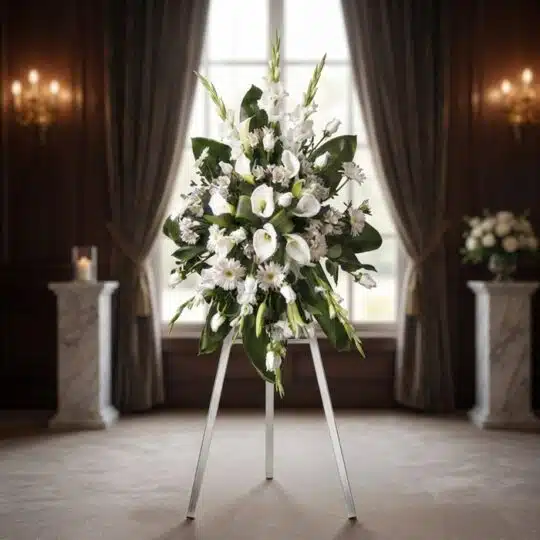 Impresionante corona fúnebre 'Homenaje Guadalupe' con lirios blancos, calas y margaritas, sobre un trípode en una sala de vel