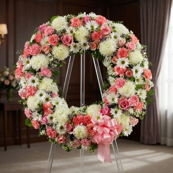 Corona Fúnebre Homenaje a Jesús: Rosas, Claveles y Crisantemos Blancos Corona fúnebre Homenaje a Jesús con rosas rosadas, claveles y crisantemos blancos, sobre un caballete en una sala de velación