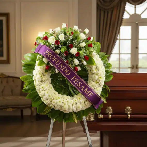 Corona fúnebre 'Legado de Hildegarda' con rosas blancas y rojas, y crisantemos blancos, sobre un caballete junto a un ataúd e