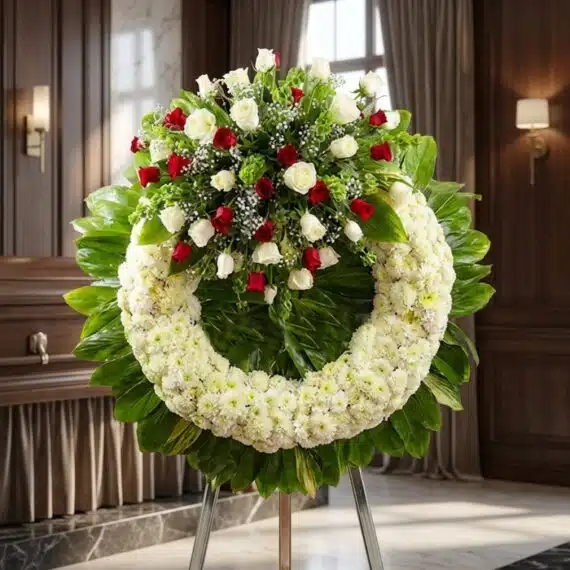 Corona Fúnebre "Legado de Hildegarda": Rosas Blancas y Rojas, Elegancia Sobria Corona fúnebre "Legado de Hildegarda" con rosas blancas y rojas, crisantemos blancos y follaje verde, en sala de velación pre