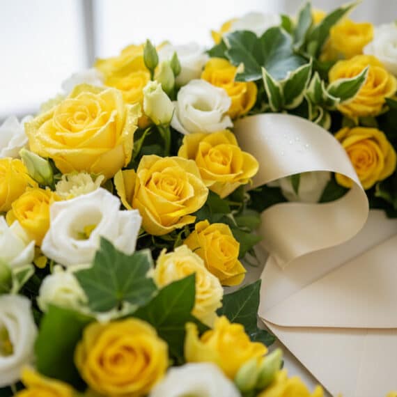 Fotografía macro premium de la Corona Fúnebre Legado de Paz para Benjamin, con rosas amarillas y blancas, follaje verde, rocí