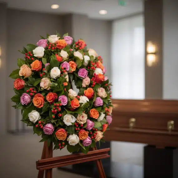 Corona fúnebre Atalia con rosas blancas, naranjas y moradas, dispuesta en una sala de velación moderna con luz natural y un a