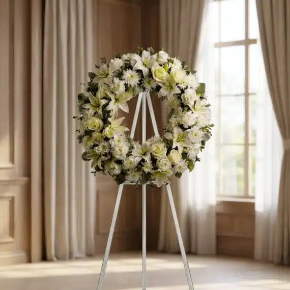 Corona Fúnebre Solemne Homenaje Joshua: Elegancia y Respeto Eterno Corona fúnebre "Solemne Homenaje Joshua" con lirios blancos, rosas y crisantemos, sobre un caballete en una sala de velación