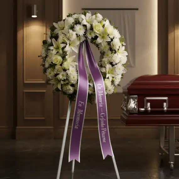 Corona fúnebre de flores blancas y verdes con cinta morada, "En Memoria" y "Profundo Pésame", junto a un ataúd en sala de vel