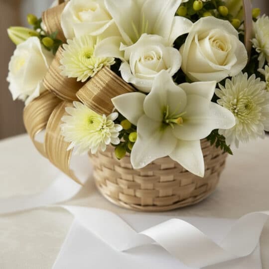 Fotografía macro premium del Cubre Caja Fúnebre Elizabeth, mostrando texturas hiperrealistas de pétalos blancos y follaje ver