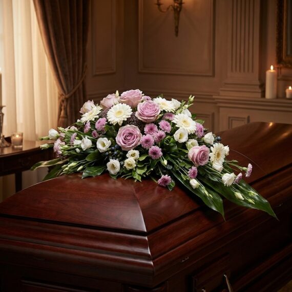 Sereno Cubre Caja Fúnebre "Jardín de Ines" 🕊️: Elegancia y Respeto Cubre caja fúnebre "Jardín de Ines" con rosas lilas, margaritas blancas y flores moradas sobre un ataúd de madera oscura en u