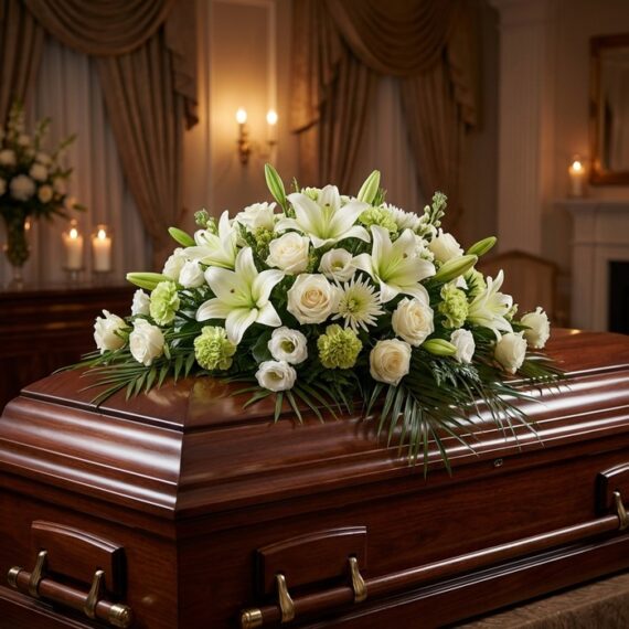 Cubre Caja Fúnebre Legado Eterno de Tomás: Elegancia Floral para Despedidas Cubre caja fúnebre 'Legado Eterno de Tomás' con lirios blancos, rosas y follaje verde sobre un ataúd de madera oscura en un a
