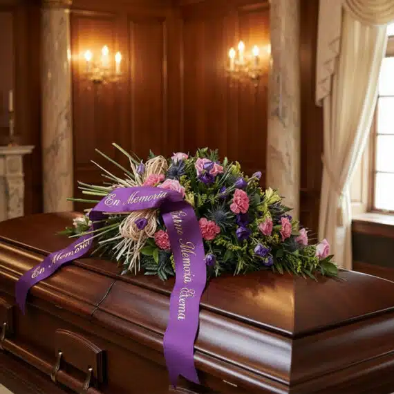Cubre caja fúnebre Legado Sereno de Ivon con flores rosas y moradas, y una cinta morada con el mensaje 'En Memoria' sobre un