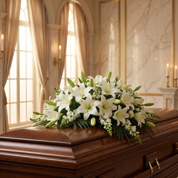 Elegante Cubre Caja Fúnebre con Rosas Blancas y Lirios Frescos Cubre caja fúnebre 'Legado de José' con rosas blancas y lirios, sobre un ataúd de madera oscura en un entorno elegante y sole