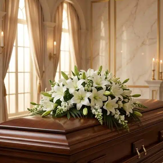 Cubre caja fúnebre 'Legado de José' con rosas blancas y lirios, sobre un ataúd de madera oscura en un entorno elegante y sole