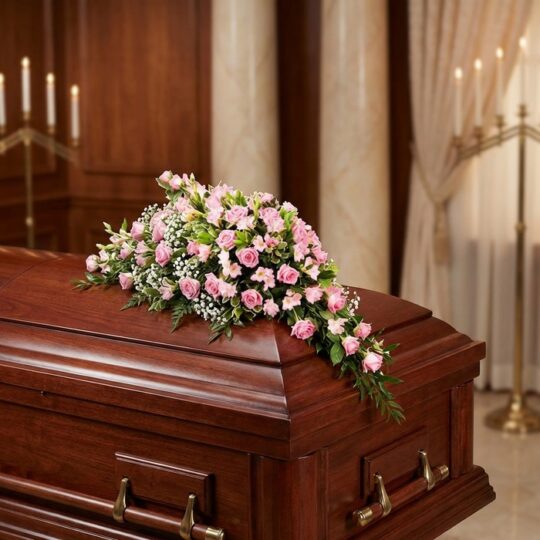 Cubre caja fúnebre elegante con rosas rosadas y follaje verde, delicadamente dispuesto sobre un ataúd de madera oscura en un