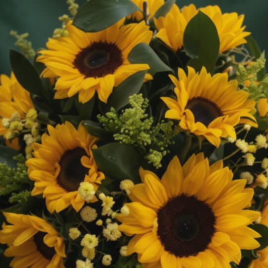 Primer plano extremo de un jarrón con 12 girasoles, mostrando texturas hiperrealistas, gotas de rocío sutiles y colores vibra