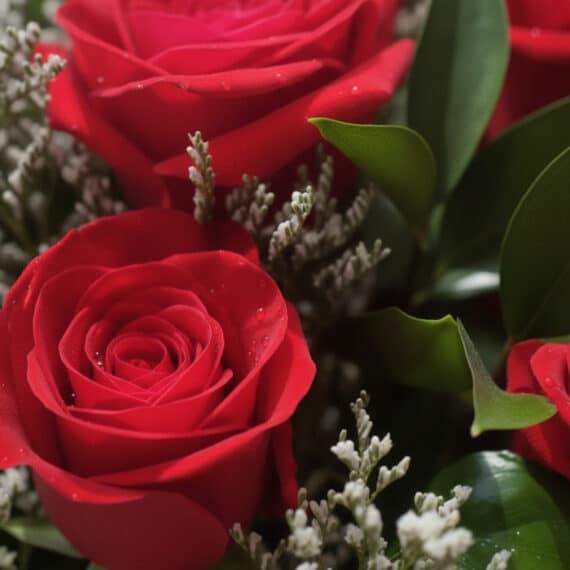 Primer plano extremo de un jarrón con 12 rosas rojas, mostrando texturas hiperrealistas, gotas de rocío y hojas verdes vibran