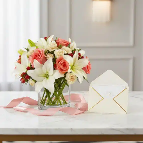 Jarron Floral Fabrizia con rosas rosadas, lirios blancos y bayas rojas, sobre marmol con tarjeta de regalo y cinta rosa, list