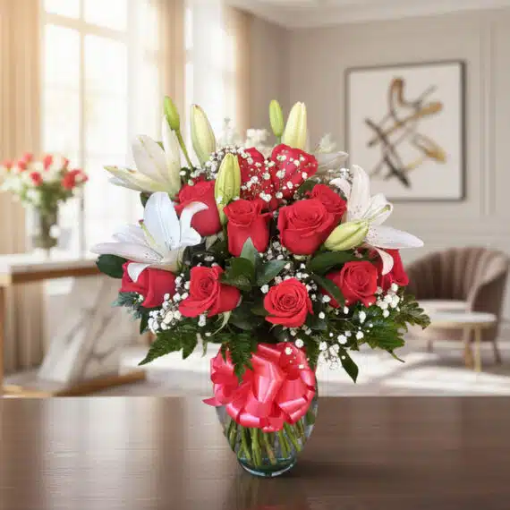 Jarrón Otoño: Rosas Rojas y Lirios Blancos para Regalar Jarrón Otoño con un elegante arreglo floral de rosas rojas vibrantes, lirios blancos puros y follaje verde, sobre una mesa de