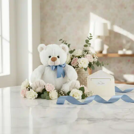 Oso de felpa blanco con lazo azul, rodeado de rosas blancas y rosadas, eucalipto, y una tarjeta de regalo elegante con cinta