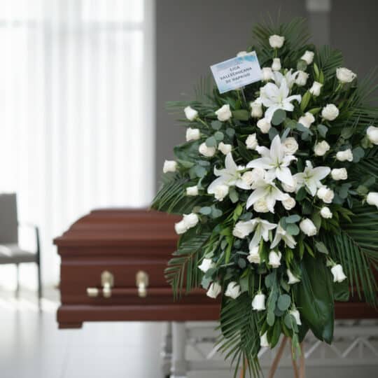 Pedestal fúnebre Eternidad con rosas blancas y lirios en sala de velación moderna, ataúd de madera desenfocado al fondo.