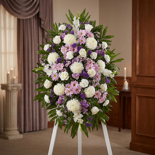 Pedestal Fúnebre de Homenaje para Patricio: Un Recuerdo Solemne y Elegante Impresionante pedestal fúnebre de homenaje con flores blancas, lilas y rosadas, ideal para honrar la memoria de Patricio en u