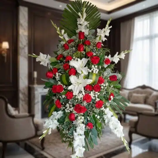 Pedestal f煤nebre Homenaje con rosas rojas, lirios blancos y gladiolos, en una sala de velaci贸n premium con luz natural suave.