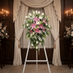 Impresionante pedestal fúnebre "Legado Eterno" con lirios rosados, rosas blancas y follaje exuberante, exhibido en una elegan