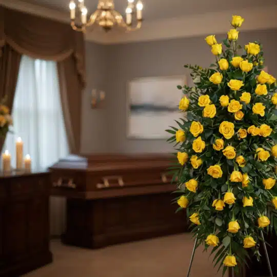 Imponente pedestal fúnebre con rosas amarillas vibrantes y follaje verde, ubicado en una sala de velación moderna con ataúd d