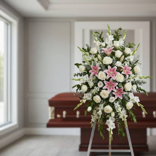 Pedestal de homenaje "El Legado de Josafat" con rosas blancas, lirios rosados y gladiolos en sala de velación moderna, simbol