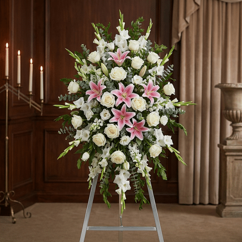 Pedestal de Homenaje "El Legado de Josafat": Tributo Digno y Solemne 🕊️ Pedestal floral funerario "El Legado de Josafat" con lirios rosas, rosas blancas y gladiolos en sala de velación elegante.