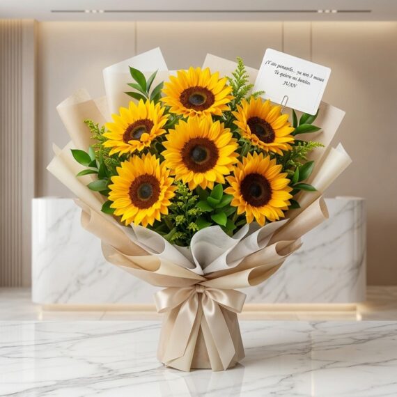 Ramillete de Girasoles Frescos con Empaque Coreano Elegante Ramillete de seis girasoles grandes y vibrantes con follaje verde, envuelto en papel coreano beige y blanco con un lazo de sa