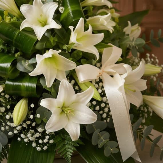 Primer plano de Ramo Fúnebre Abdiel con lirios blancos, follaje verde exuberante y cinta satinada, gotas de rocío sutiles.