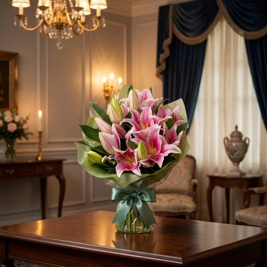 Elegante ramo fúnebre 'Eli' con lirios rosados y capullos verdes, envuelto en papel verde y lazo de seda, sobre una mesa de m