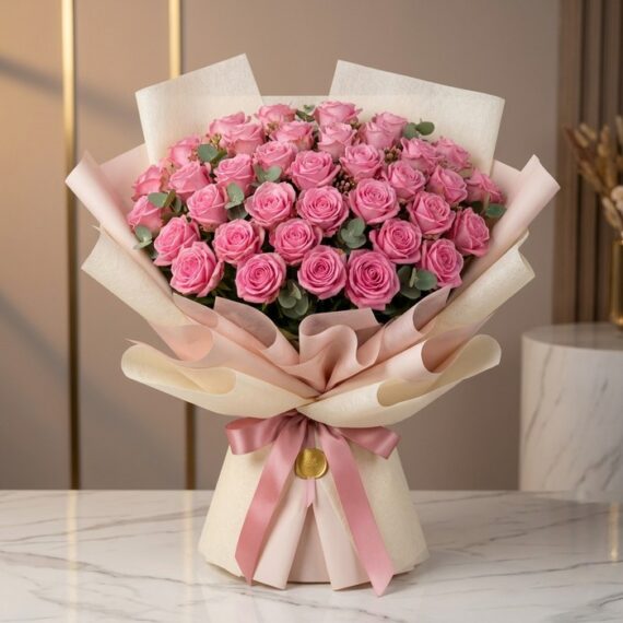Ramo de 44 rosas rosadas Viviana con empaque coreano, sobre superficie de mármol, ideal para expresar sentimientos en florist